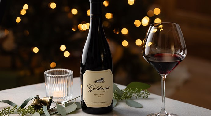 Goldeneye Pinot Noir on a table