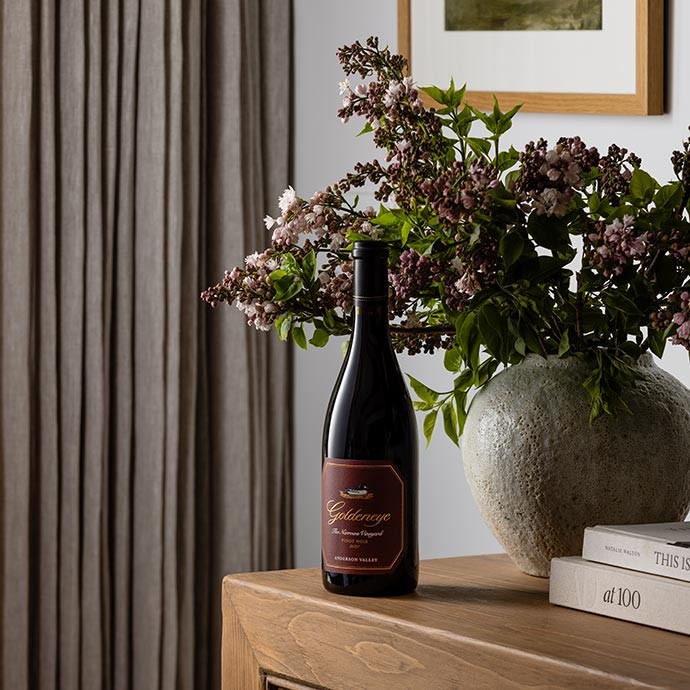 Two Goldeneye Anderson Valley Pinot Noir on table