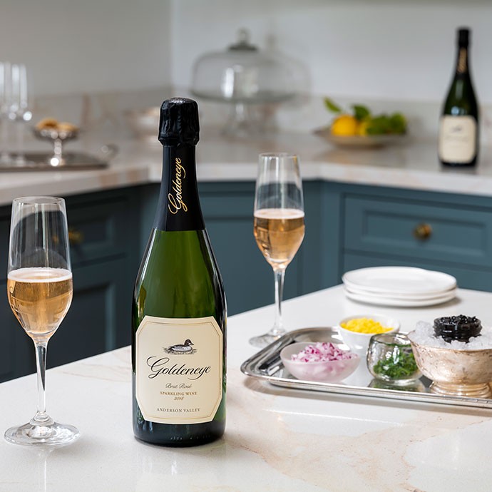 Goldeneye Sparkling wine with two glasses and caviar