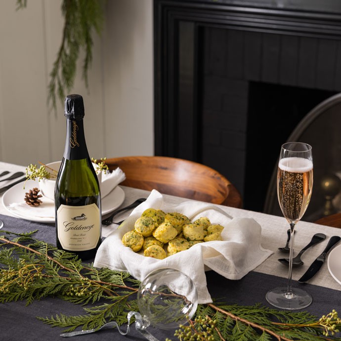 Goldeneye Sparkling wine on a Christmas brunch table
