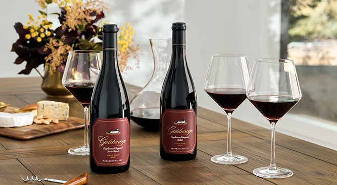 Goldeneye Pinot Noir on a table