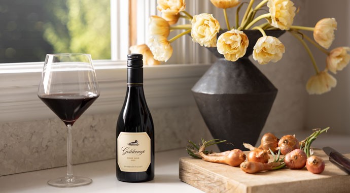 Goldeneye Pinot Noir on a kitchen table