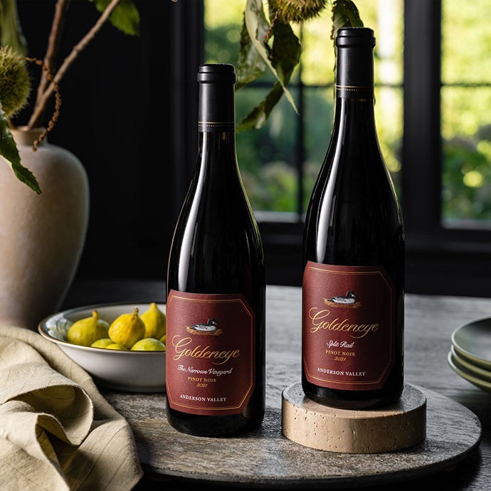 Two Goldeneye Anderson Valley Pinot Noir on table