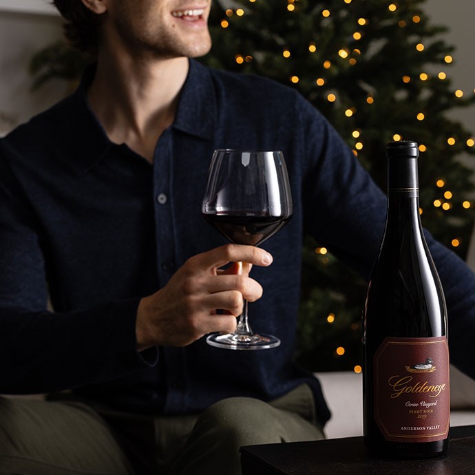 Two Goldeneye Anderson Valley Pinot Noir on table